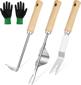 4 Piezas Desherbador Manual, Herramientas de Deshierbe, Acero Inoxidable, Kit Jardinería, Desherbador de Raíces, Mango de Madera, Mango Ergonómico, para Excavar Deshierbar Trasplantar
