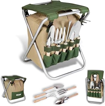 BIKAIN - Herramientas de Jardinería - Taburete Plegable + Bolsa + Herramientas - Kit de Jardinería - Bolsa de Almacemiento con Cremallera - Incluye 5 Herramientas con Mango de Madera
