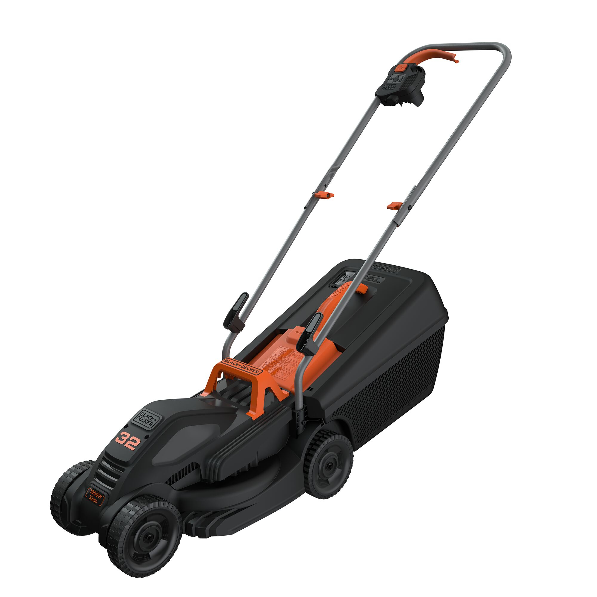 BLACK+DECKER Cortacésped eléctrico Ligero de 1000 W de 32 cm de Ancho con 3 Alturas Ajustables y Cortador de césped de 30L, BEMW351-QS