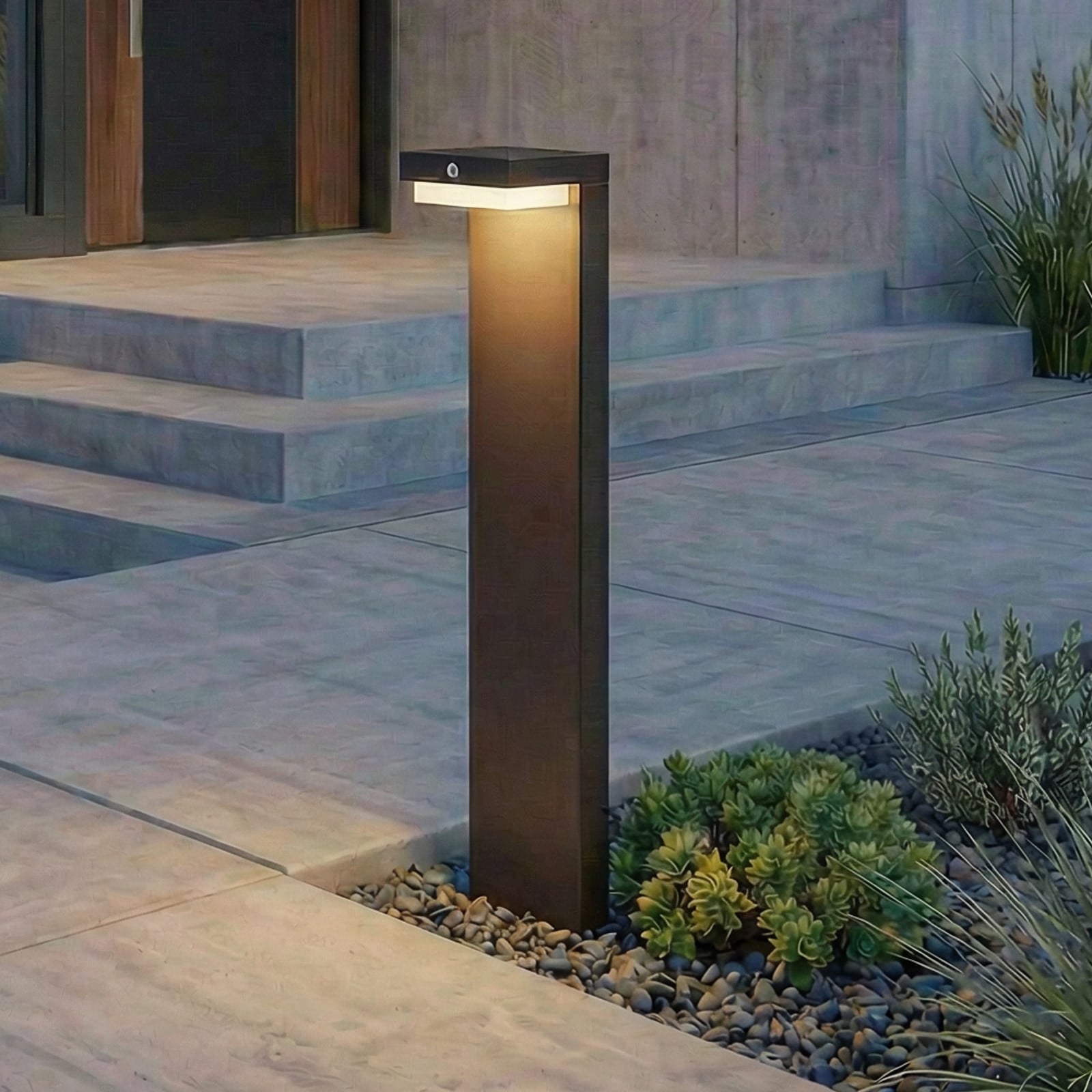 Bolardo con célula solar LED Eleazer con sensor, negro - Lindby Eleazar - Balcón - Moderno - Aluminio - Angular