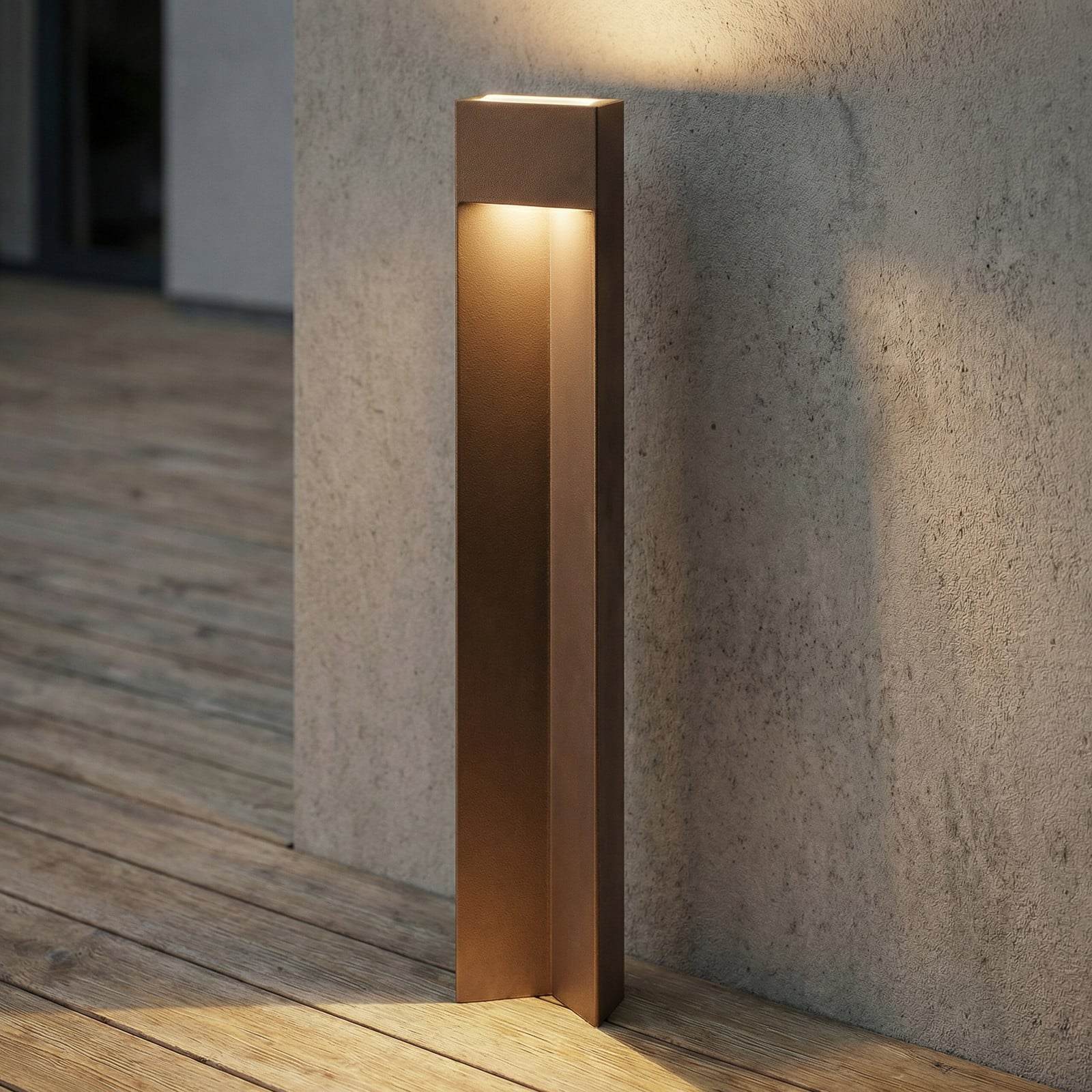 Bolardo luminoso LED Kaholo, aluminio, IP44, marrón, 90 cm - Lucande - Moderno - Angular