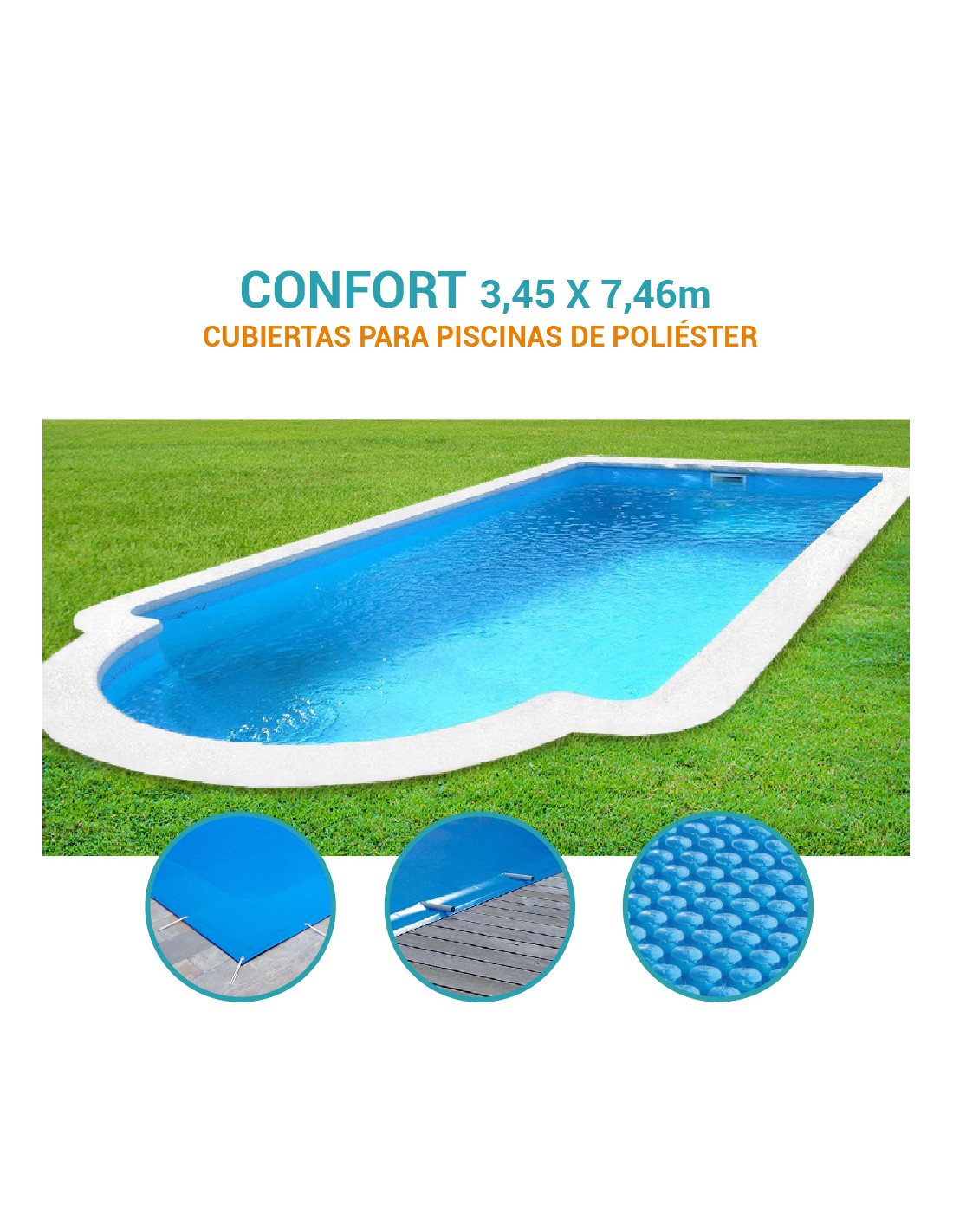 Confort 7,50 | 3,45 x 7,46m | Cubiertas piscina de poliéster Prodofibra