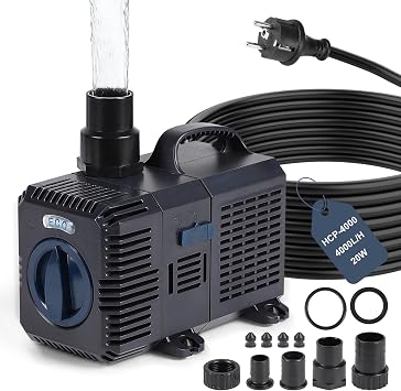 CPROSP Bomba para Estanques Exteriores 4000L/H - 20W, Altura de Elevación 3,6 m, Bomba de Agua con Cable de 5m, Caudal Regulable, para Filtro de Estanque de Jardín, Arroyo, Cascada