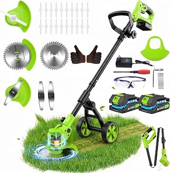 Desbrozadora a Batería Plegable con Ruedas 21V, Cortabordes Eléctrico con 2 Baterías, Cortabordes Bateria Cargador, Telescópico Cortabordes Electrico 3 en 1 para Césped, Jardín