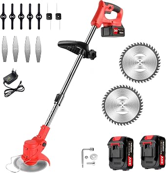 Desbrozadora a Bateria,OGORI Cortacésped a batería con 2 baterías de 2000 mAh,21V 850W Desbrozadora Electrica con 4 Tipos de Cuchillas y Ruedas Laterales para Cortar el césped del jardín