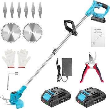 Desbrozadora Bateria 21V, Desbrozadora Electrica con 2 Baterías 2.0Ah, 2 Tipos de Metal Cuchillas Cortabordes Bateria, Tijeras de Podar, Desbrozadora Inalámbrica Cabeza Ajustable para Jardín (Azul)