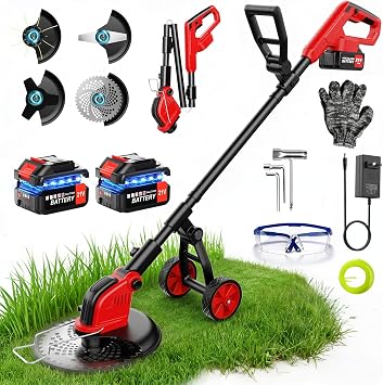 Desbrozadora Batería 4-en-1 con Rueda, Desbrozadora Electrica 12 Pulgadas, 20000 RPM, esbrozadoras con 2 x 3000 mAh Baterías, 4 Tipos de Cuchillas, Cortadora de Césped Multifunción para Jardín