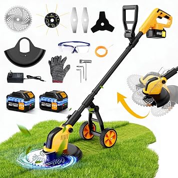 Desbrozadora Bateria con Ruedas,30CM Desbrozadora Electrica con 2 * 3.0 Ah Baterías y Cargador,Motor sin Escobillas 800W,Cortadora de Césped con 4 Tipos de Cuchillas para Recortar Césped y Arbustos
