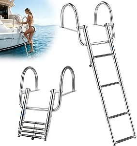 Escalera Desmontables para Piscinas de Altura de 4 Peldaños en Acero Inoxidable, Capacidad 200 kg, Escalera de Barco Plegable y Telescópica con Pasamanos, para Piscina, Yate, Pontón, 117 * 29.3 cm