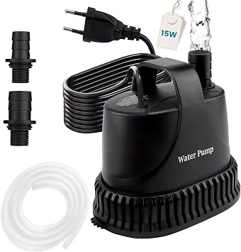 EXLECO Bomba Aguas Sucias Bomba Sumergible 800L/H 15W 220V Achique Agua Pequeña Fuente Exterior Presion de Agua para Piscina Estanque Jardin con 2M Cable 1 Manguera 2 Boquillas