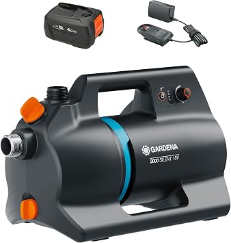 Gardena Bomba de jardín con batería 3000 Silent 18V P4A Set listo para usar: Potente, Operación silenciosa, Cuerpo protegido contra lluvia y UV, Protección contra el funcionamiento en seco (14610-20)