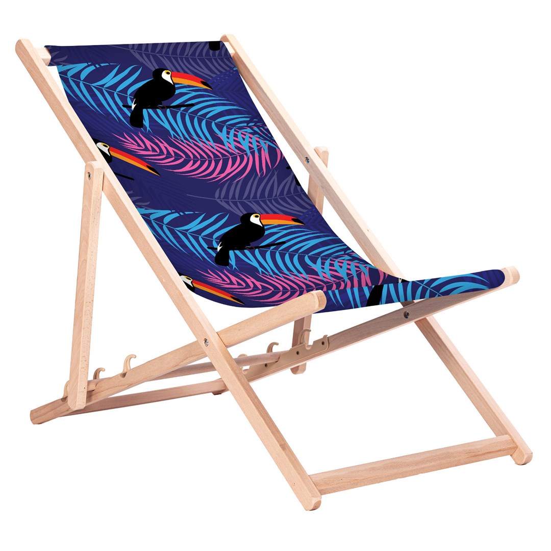 Green Blue GB183 Tumbona Plegable de Madera de Haya para jardín y Playa, con Respaldo Ajustable en 3 Posiciones e impresión por sublimación de Alta definición con Motivos Tropicales (Tucán)