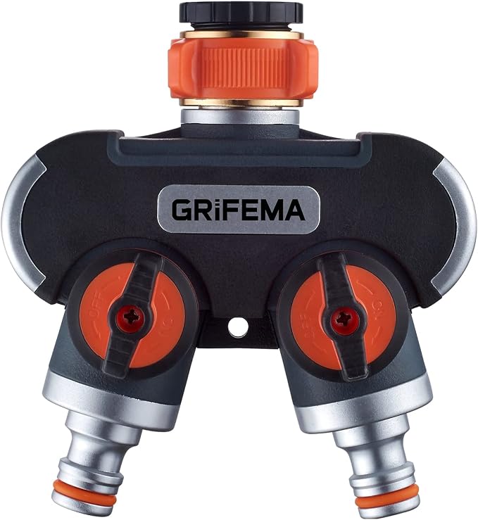 GRIFEMA, GE1401-2 Distribuidor de 2 vías, Desviador de Grifo de 3/4 y 1/2, con Adaptador para Ajuste de Caudal, Riego con 2 Conectores de Manguera, Naranja y Negro, Distribuidor de 2 vías