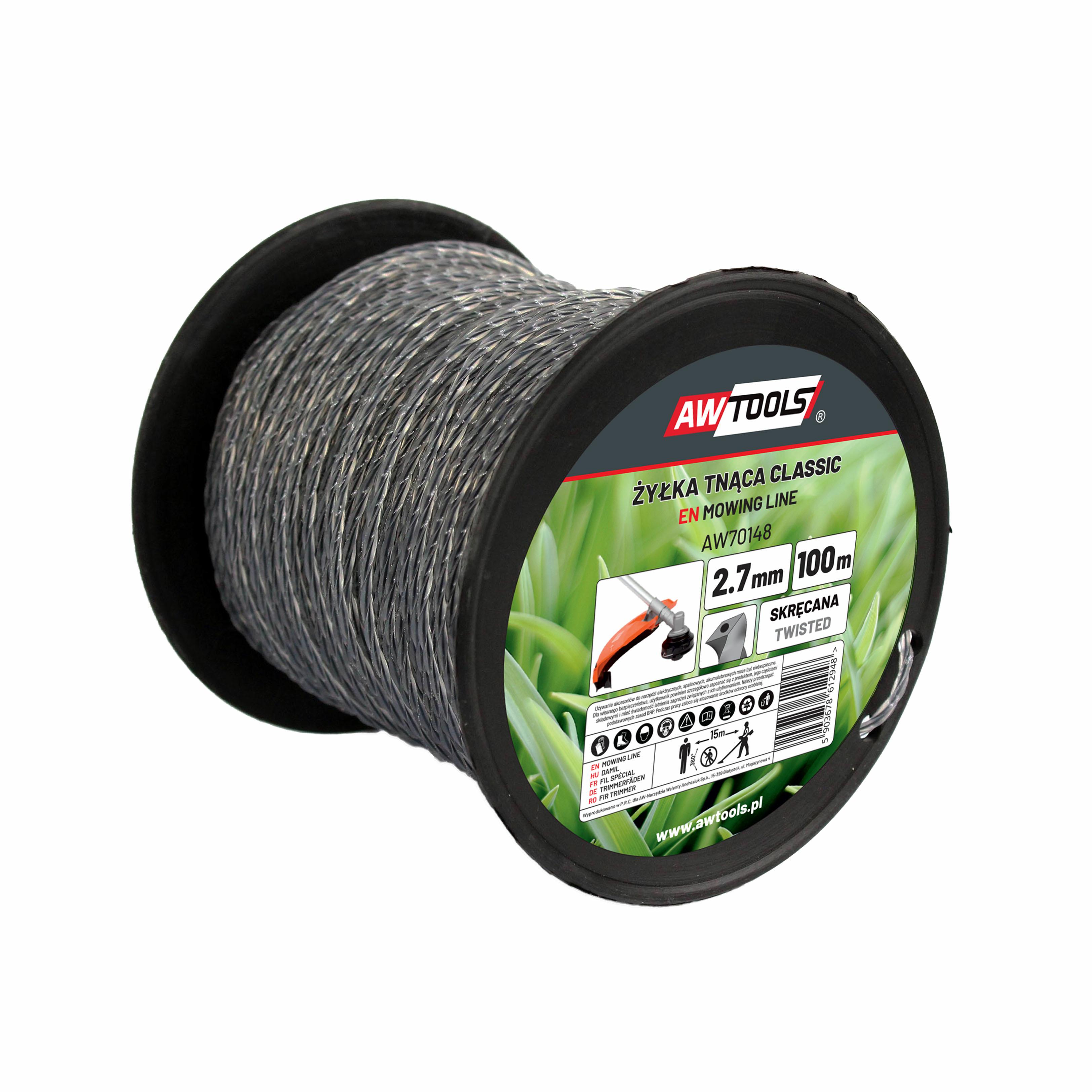 Hilo cortador Awtools, modelo Classic 2,4x100m, tipo trenzado, ideal para desbrozadoras, corte eficiente de césped, material duradero, fácil de usar, alto rendimiento y resistencia.