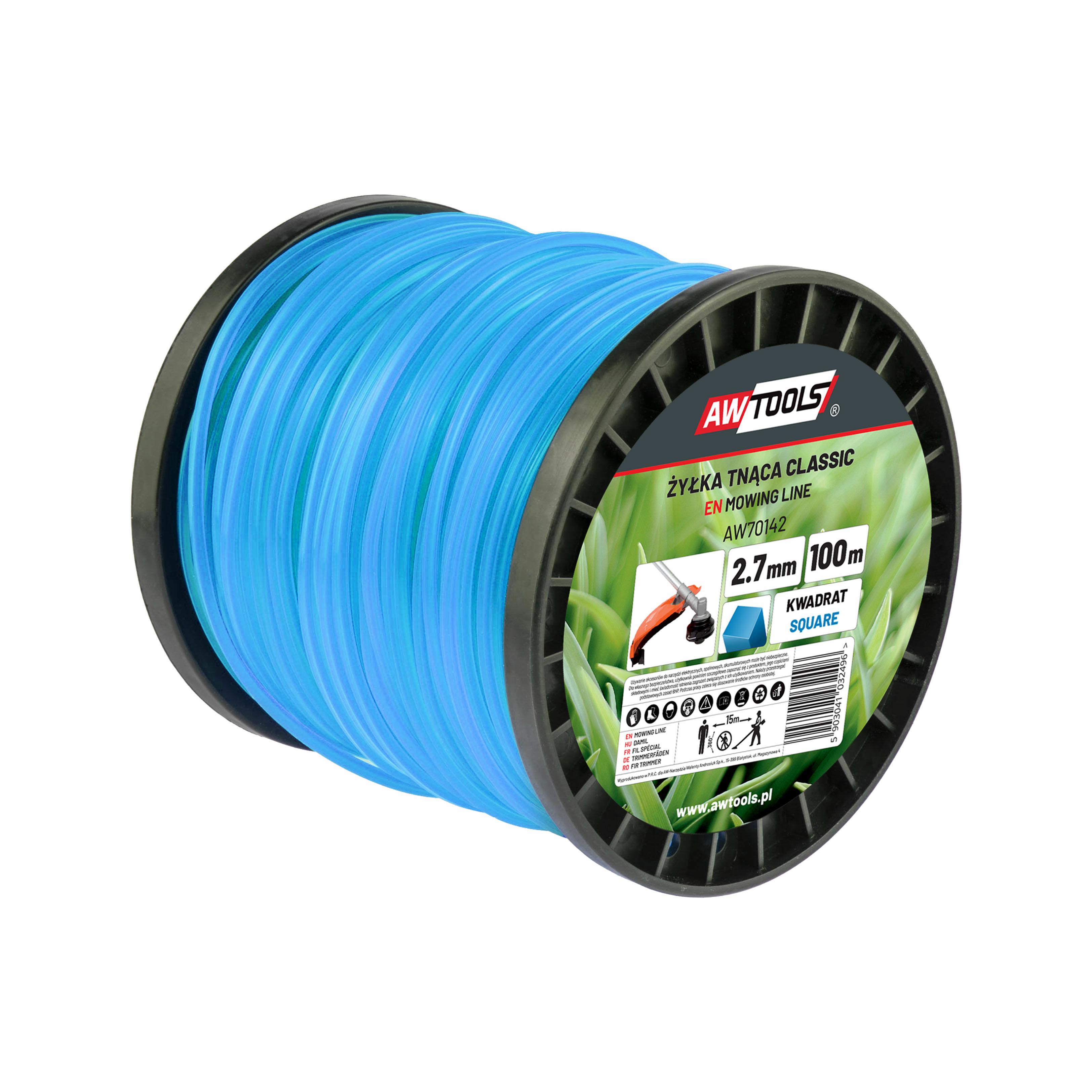 Hilo cortador Awtools, modelo Classic 2,7x100m, tipo cuadrado, ideal para desbrozadoras, corte eficiente de césped, material duradero, fácil de usar, alto rendimiento y resistencia.