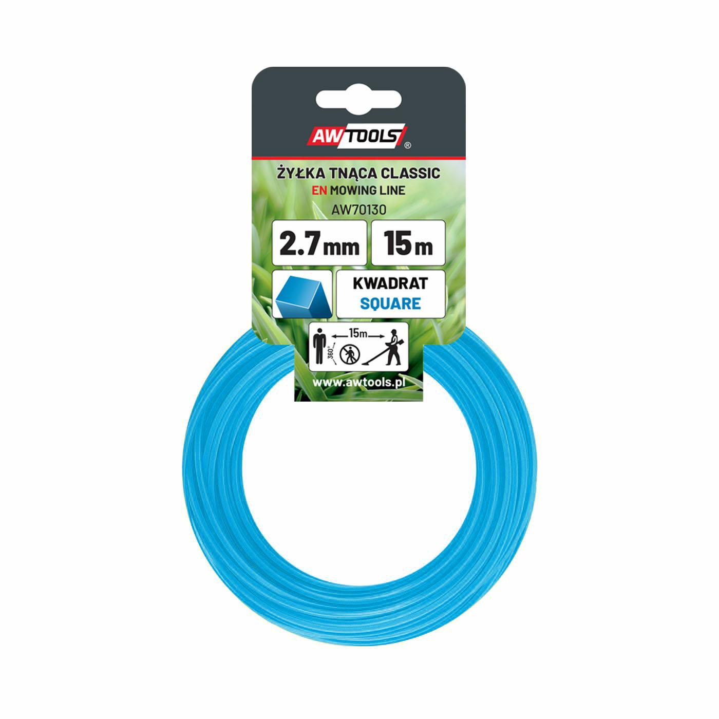 Hilo cortador Awtools, modelo Classic 2,7x15m, tipo cuadrado, ideal para desbrozadoras, corte eficiente de césped, material duradero, fácil de usar, alto rendimiento y resistencia.