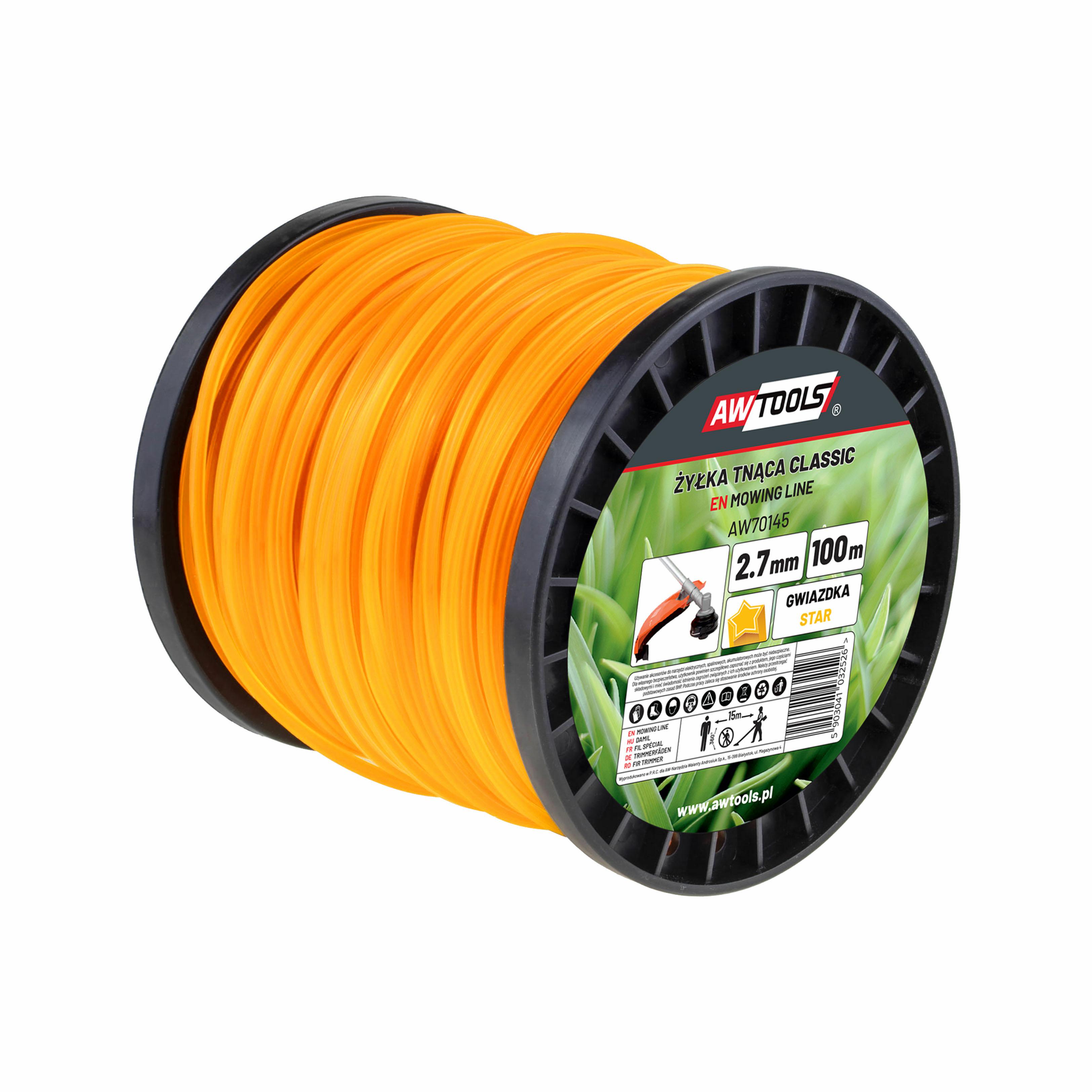 Hilo cortador Awtools, modelo Classic 3,0x100m, tipo estrella, ideal para desbrozadoras, corte eficiente de césped, material duradero, fácil de usar, alto rendimiento y resistencia.