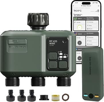 johgee Programador Riego WiFi 3 Salidas con tecnología RF 433 500M, riego temporizado Inteligente con App, Control por Voz Alexa, 6 horarios de riego, Temporizador de riego automático para jardín
