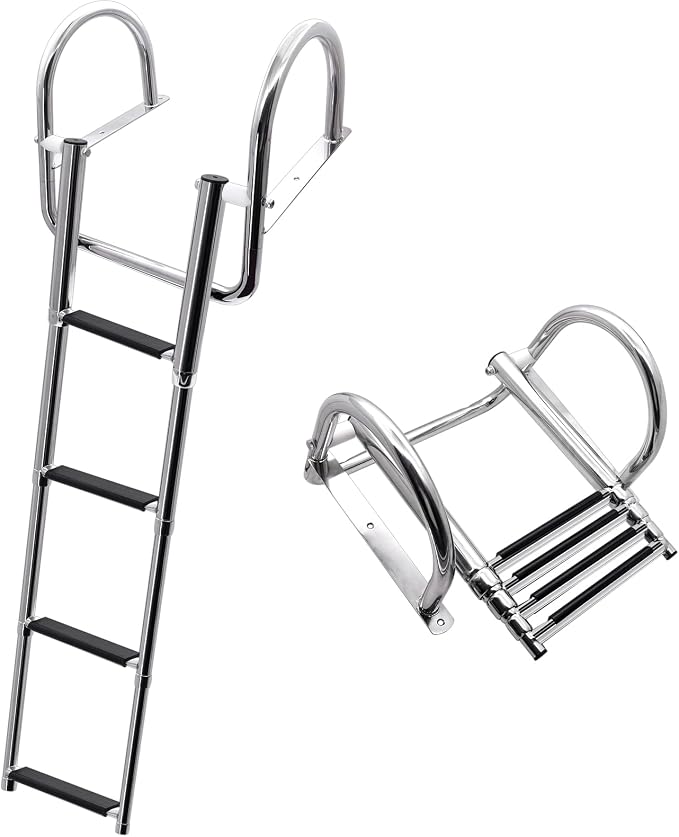 KAOLALI Escalera de 4 Peldaños para Piscina Barco, Acero Inoxidable, Plegable, Telescópica, con Pasamanos Grandes y Peldaños Anchos, Capacidad de Carga de 227 kg