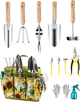 MOSFiATA Kit de Herramientas de Jardinería 12 Piezas, Acero Inoxidable de Uso Pesado con Mango de Madera Antideslizante, Incluye Bolsa Impermeable con Diseño de Girasoles