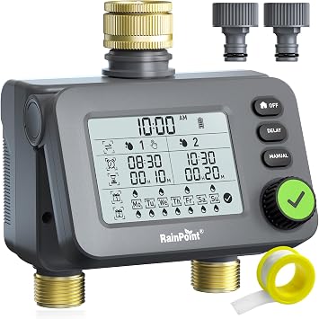 RAINPOINT Programador Riego 2 Salidas, Entrada y Salida de Latón, Temporizador de riego Automatico con retardo de Lluvia/Modo automático y Manual, Pantalla Grande LCD Sistema de Riego para jardín