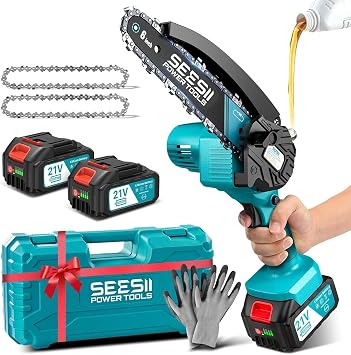 SEESII 6'' Mini Motosierra Bateria 8000mAh, Motosierra Eléctrica Bateria con Depósito Para El Aceite y Cadena Reemplazable, Motosierra Inalámbrica Portátil para Podar Árboles de Jardinería