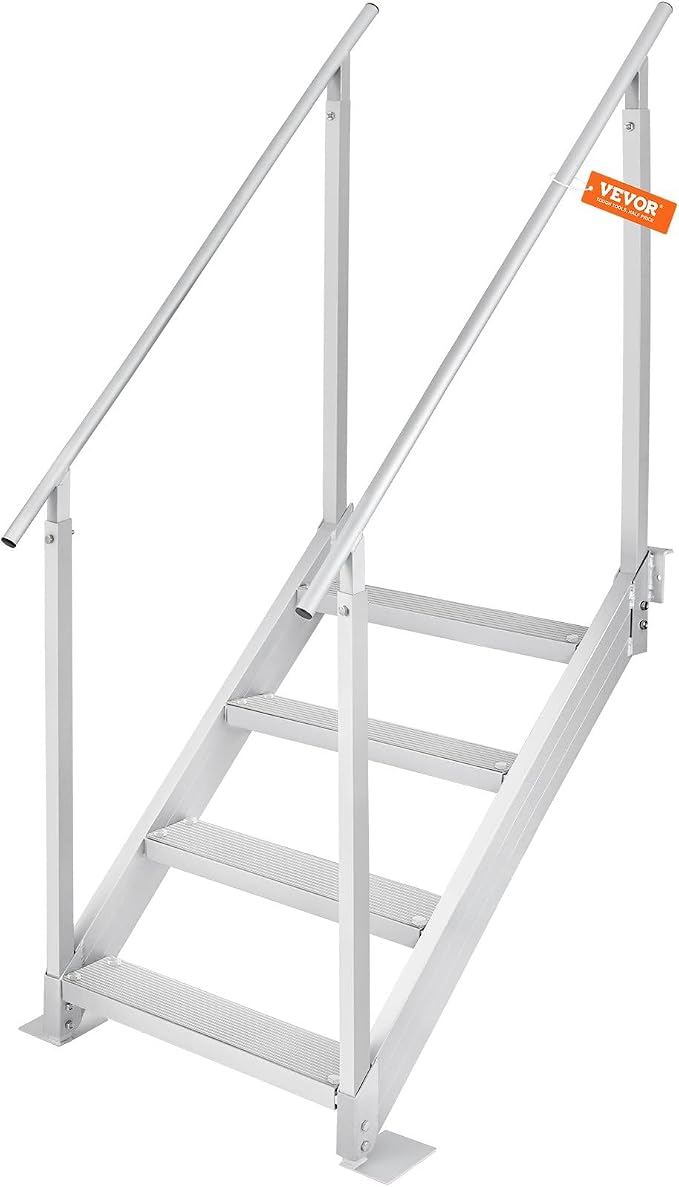 VEVOR Escalera de Muelle Altura Ajustable 75-96 cm Pontón Escalera para Barco 4 Escalones Aleación de Aluminio Carga 226 kg con Pasamanos Pedales Antideslizantes para Embarque en Barco, Piscina