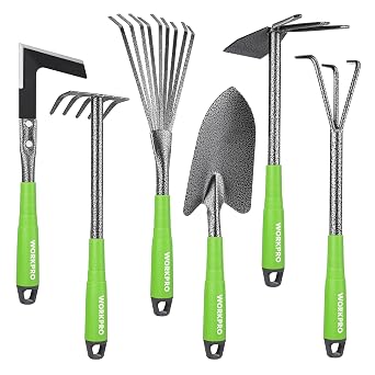 WORKPRO Set de Herramientas de Jardín, 6 en 1 con Tratamiento de Superficie Martillada, Incluye Desherbador, Rastrillo, Azada, Paleta, Set de Herramientas de Jardín Robusto para Jardín
