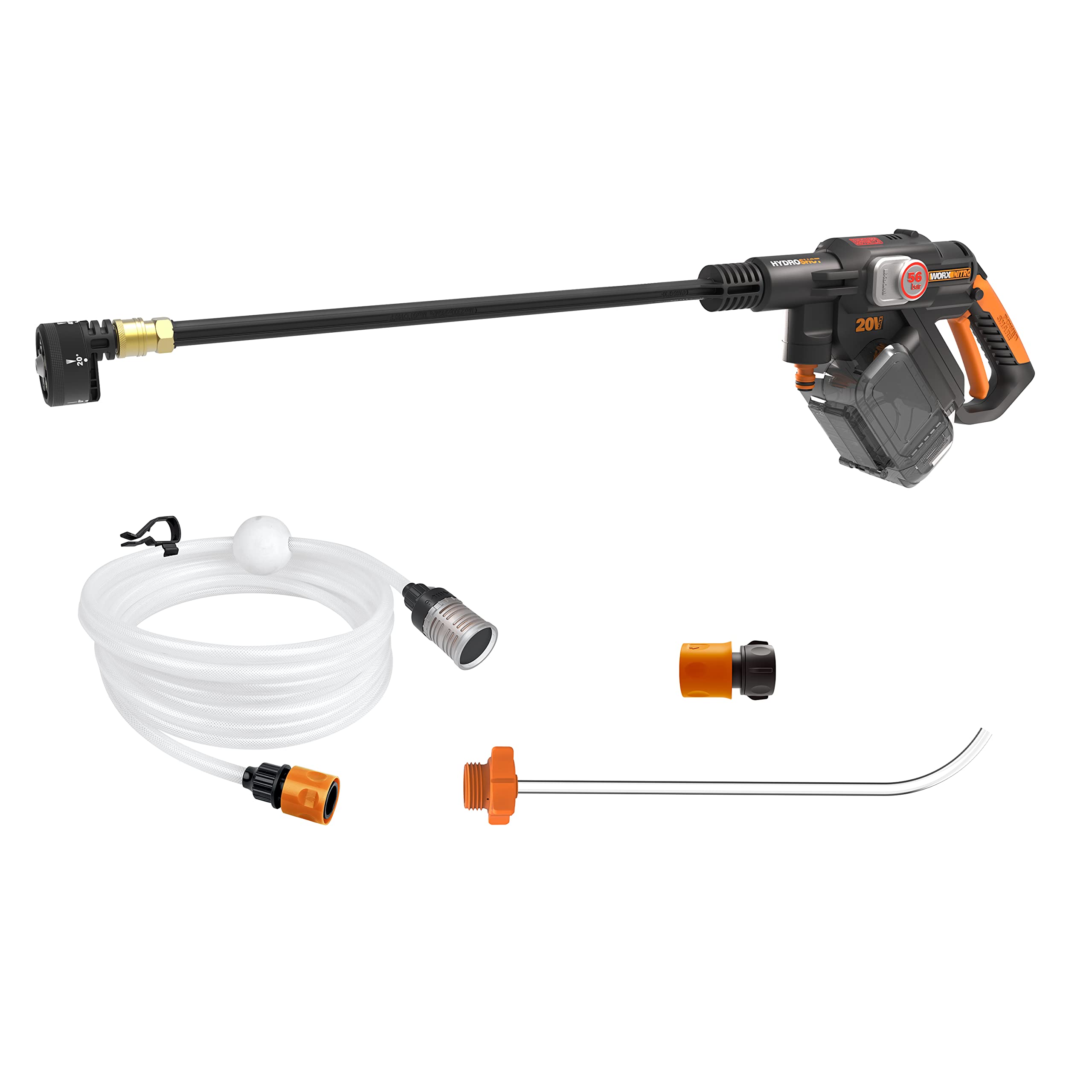 WORX Hidrolimpiadora a batería WG633E.9, 56 bares, 220L/H, Accesorios, Color negro naranja, Sin batería ni cargador
